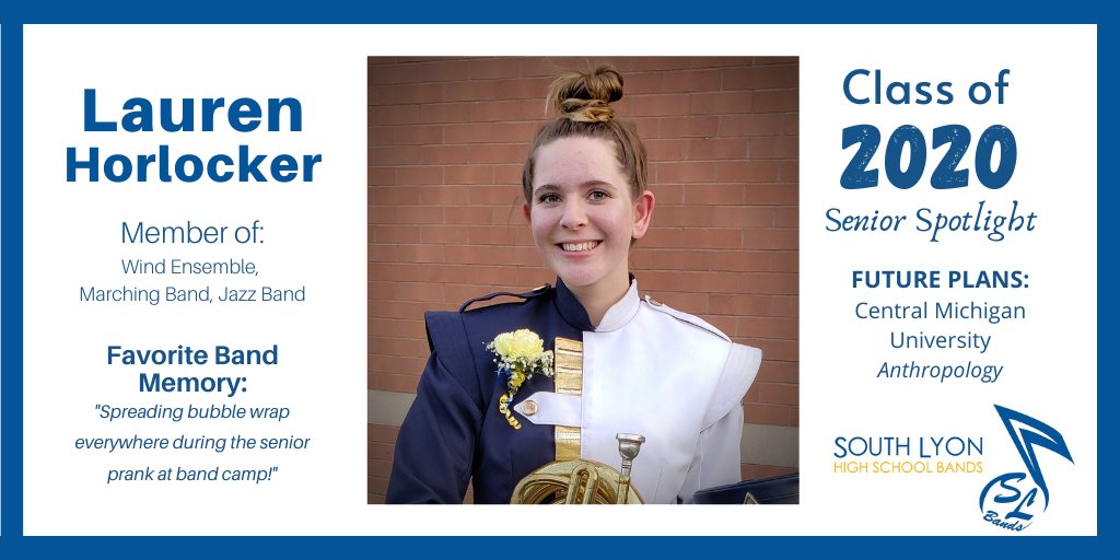 SLHSBands's tweet photo. Celebrating the @SouthLyonHS Band Seniors, Class of 2020! Congrats, Lauren! #SLSeniorStrong #SLHSPride https://t.co/NwK9EMNiUX