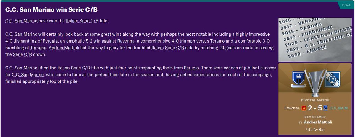 Finally made it out of Serie C and into Serie B at the third attempt. Hopefully soon we can start making some money and investing it into improving the youth system and eventually the Sammarinese player pool...  #FM20