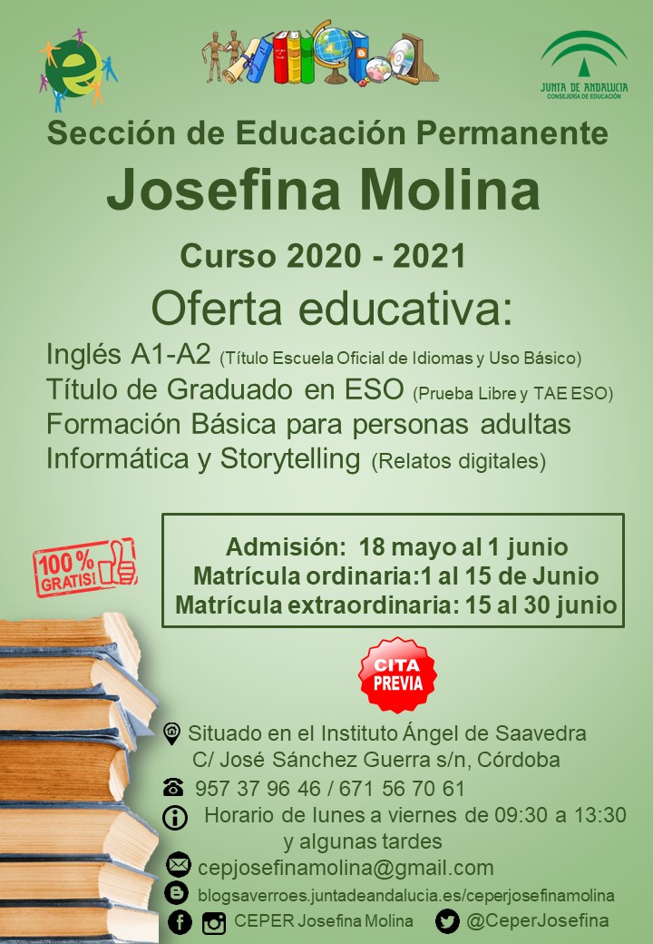 CeperJosefina's tweet photo. PRÓXIMA MATRÍCULA  2020-21
¿Tienes más de 18 años? Gratuitamente puedes estudiar un idioma con titulación oficial de la EOI, conseguir el título de ESO, aprender Informática y mucho más. ¡Anímate! Te esperamos de 9:30 a 13:30 y solicitando cita previa  671-56-70-61.@CeperJosefina https://t.co/JtspGLLaEu