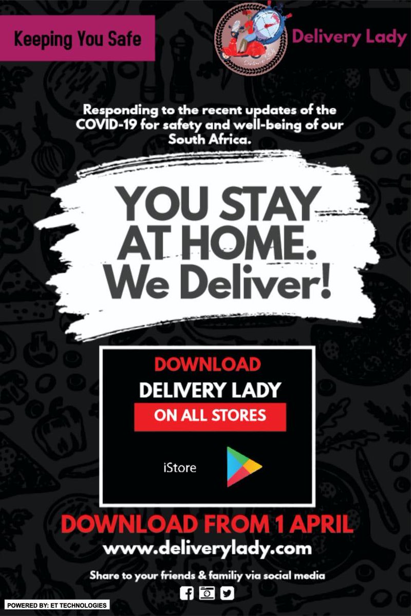 Nkhanyi_Seni's tweet photo. Make sure you stay home and let #Deliverylady bring your restaurant, grocery stores and pharmaceuticals to your door step. https://t.co/KHKfy4qkVI