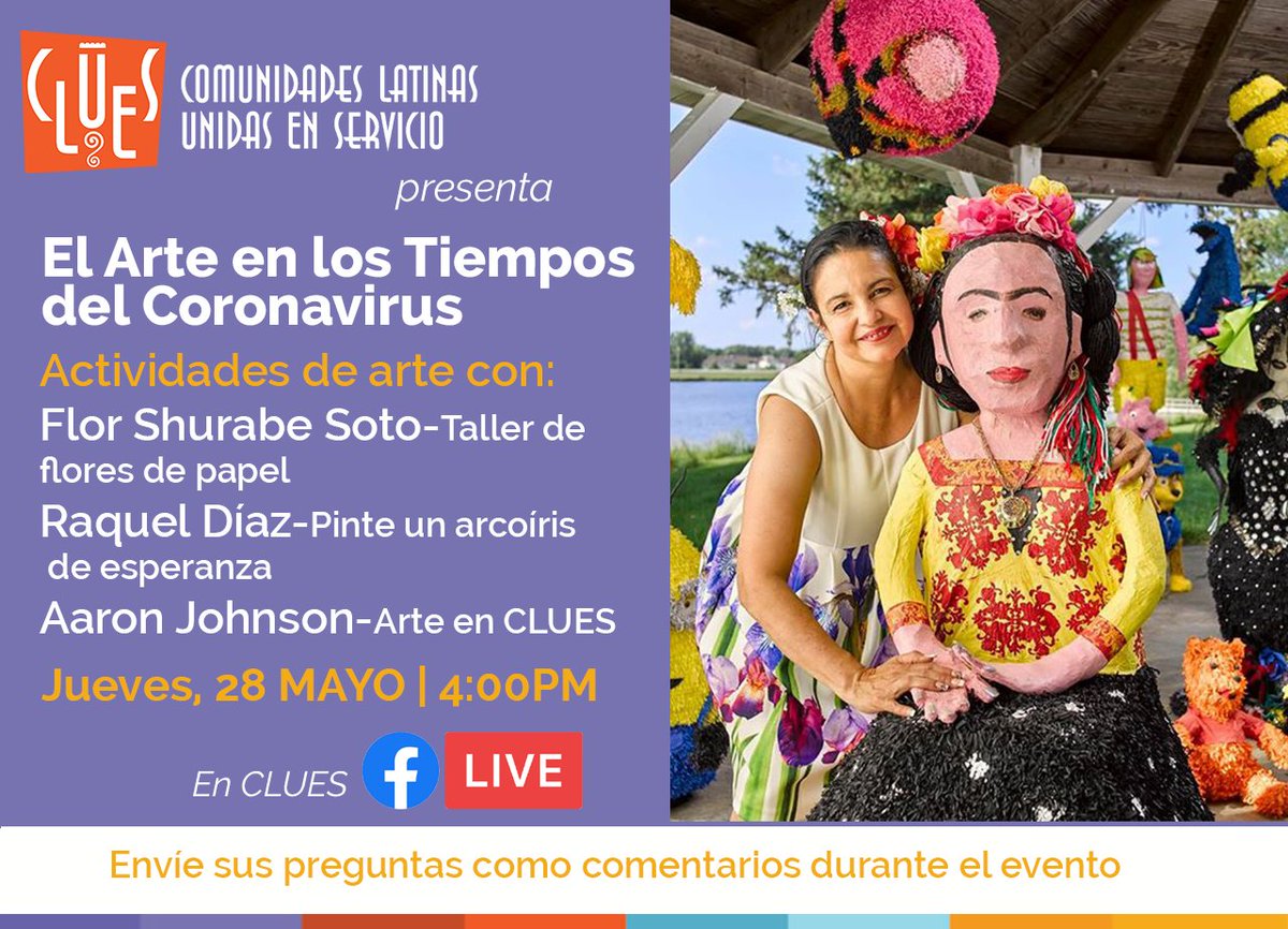 CLUES_MN's tweet photo. Join CLUES on Thursday, May 28 at 4:00PM for a live session in #Spanish with three artists to learn how to make arts and crafts activities for the whole family! More information at https://t.co/Tuu08M0MBM https://t.co/Mtyg5vXJW6