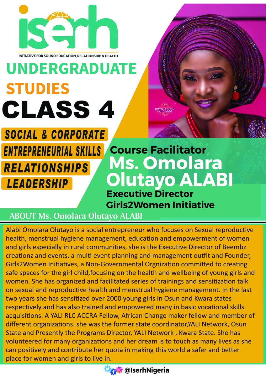 iserhnigeria's tweet photo. EIGHTEENTH LECTURE'S ASSESSMENTS OF ISERH UNDERGRADUATE STUDIES CLASS 4

Ms Omolara Alabi @officialomolara, Exc. Director - Girls2Women Initiative, took our Scholars through a class on UNDERSTANDING YOUR SEXUAL REPRODUCTIVE HEALTH NEEDS AND RIGHTS on Saturday 9th of May, 2020. https://t.co/ZDLxYNPgOe