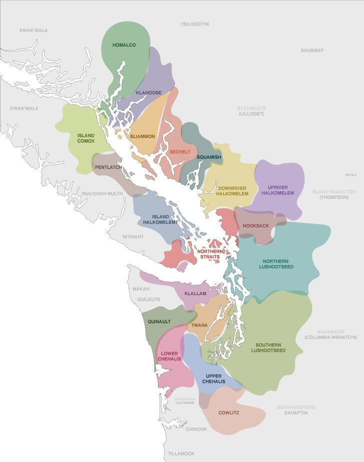 Here is a map of a number of Coast Salish languages and dialects.(Source: Wikipedia at  https://en.wikipedia.org/wiki/Coast_Salish_languages)