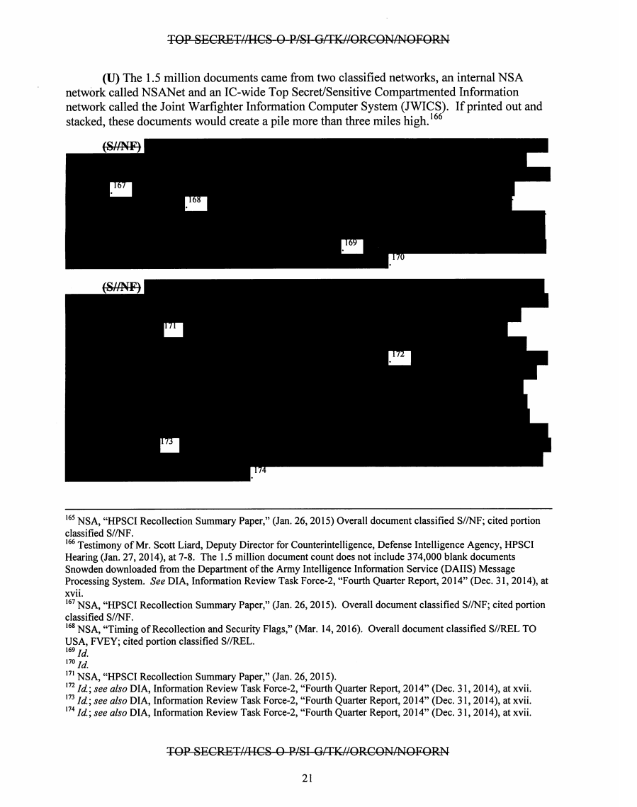 8) Pages 20-23 The possible threat(s) to national security from Snowden's theft of 1.5 million pages of information from the NSA are grave, particularly if he gave (or sold) them to Russia or China. Of greatest concern are the potential threats to military operations.