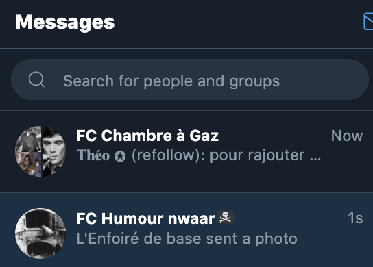 Ils ont finalement créé un deuxième groupe Twitter privé, je suis dedans. 'FC humour nwaar' était le premier. Oui je sais, le titre du second...