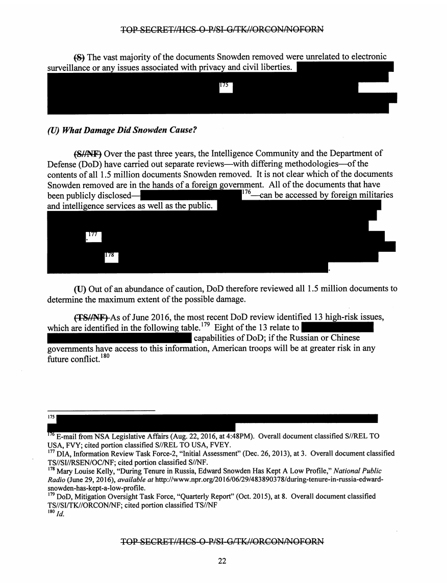 8) Pages 20-23 The possible threat(s) to national security from Snowden's theft of 1.5 million pages of information from the NSA are grave, particularly if he gave (or sold) them to Russia or China. Of greatest concern are the potential threats to military operations.