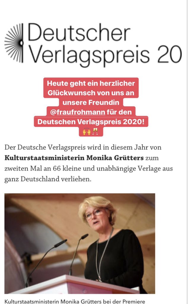 Glückwunsch zum verdienten Verlagspreis <a href="/FrauFrohmann/">FrauFrohmann</a> und@ @frohmannberlin ! 📚💕