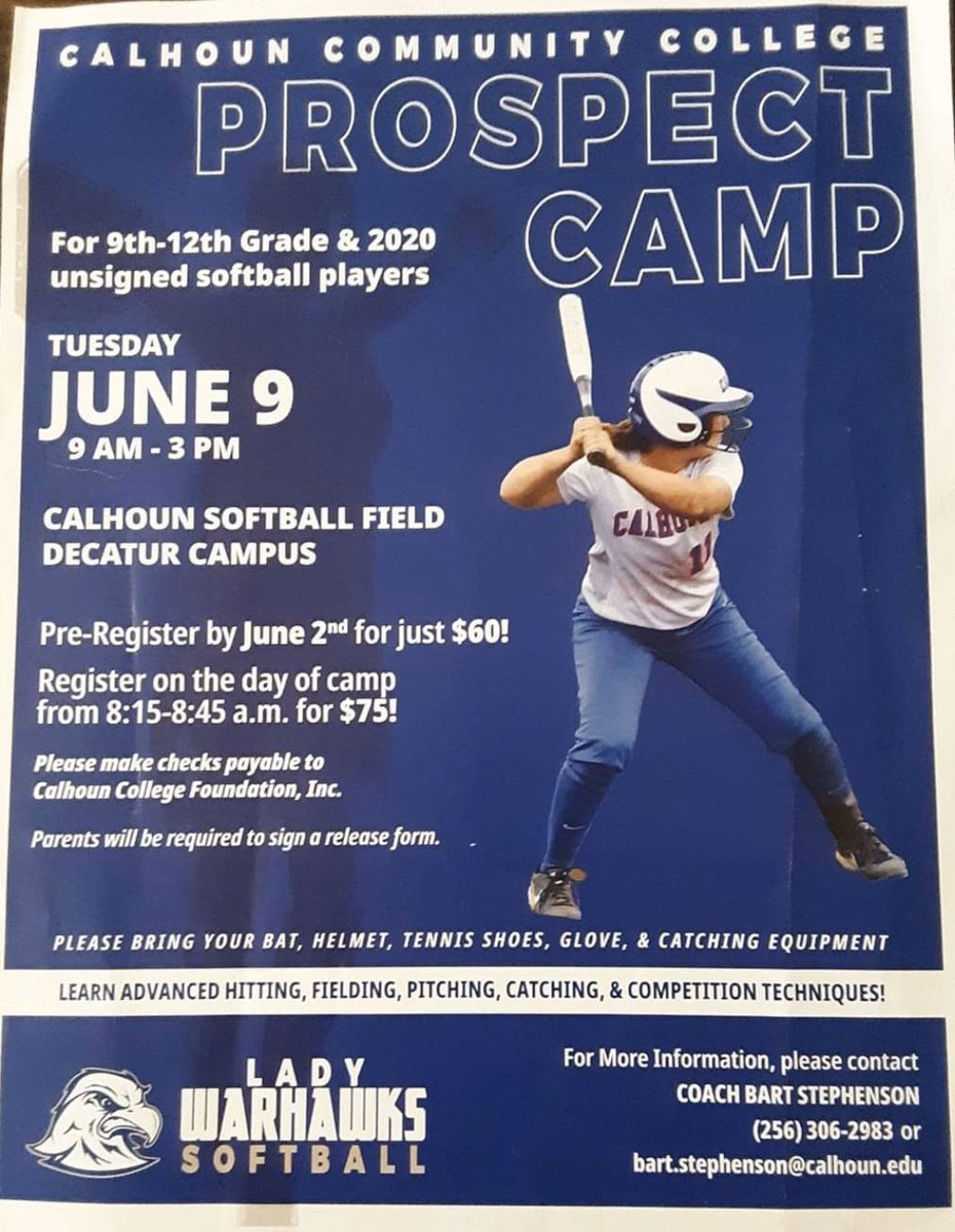 T_Stonecipher's tweet photo. 9th - 12th grade softball players, checkout Calhoun’s upcoming 🥎 camp! https://t.co/N1bbvYltJa