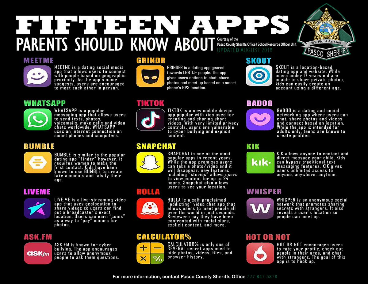PascoSheriff's tweet photo. It's important to know what your kids are doing online and we want to help keep parents informed! Our School Resources Officers put together a list of 15 apps parents should know about! https://t.co/AOuwuFVL8K
