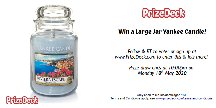 prizedeck's tweet photo. WIN a Large Jar Yankee Candle! Ends tonight at 10PM! 

Follow &amp; RT for your chance to WIN a surprise prize...the winner will receive 1 of the 100 different scented candles available. 

Terms Apply: UK &amp; 18+ Only, ending 10PM Monday 18th May 2020. https://t.co/sFGbASuHBE
