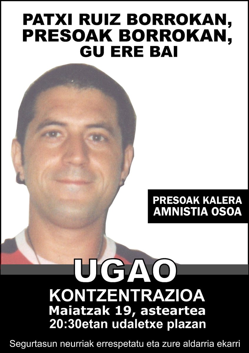 Ugaoko Gazte Asanbladako kideok bat egiten dugu biharko deialdiarekin. 

Patxi Ruizek bihar 9 egun beteko ditu gose eta egarri greban.

Zurekin gaude Patxi! Denak etxera! 
#PatxiRuiz
#PatxiSOS
#PatxiBorrokan