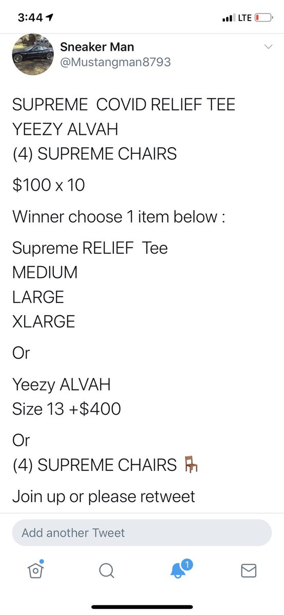 Mustangman8793's tweet photo. SUPREME  COVID RELIEF TEE 
 
YEEZY ALVAH 
(4) SUPREME CHAIRS

$40 x 10 

4 winners each get a MAIN !!!!

Join up or please retweet !!!
Thanks https://t.co/3ttI91kB1W