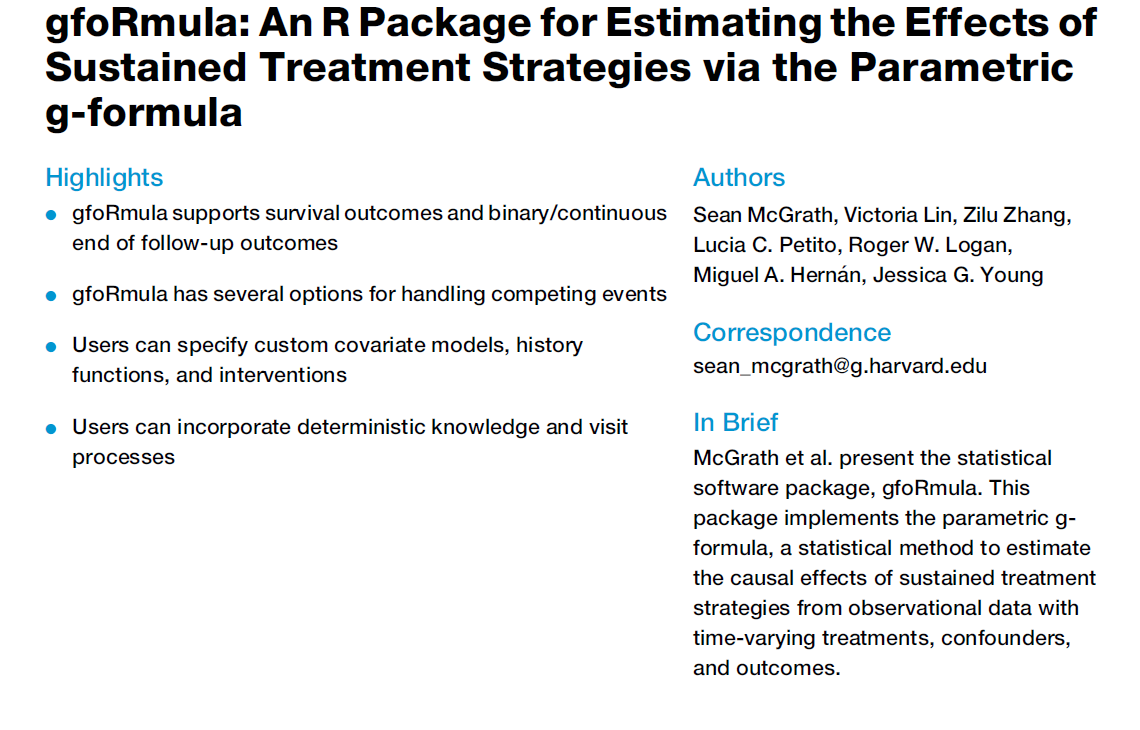 Got observational data with time-varying treatments and confounders?

Want to estimate the effects of sustained treatment 
strategies?

Then you'll enjoy this gentle introduction to the gfoRmula package in #rstats.

Led by Sean McGrath &amp; Victoria Lin
cell.com/patterns/pdf/S…