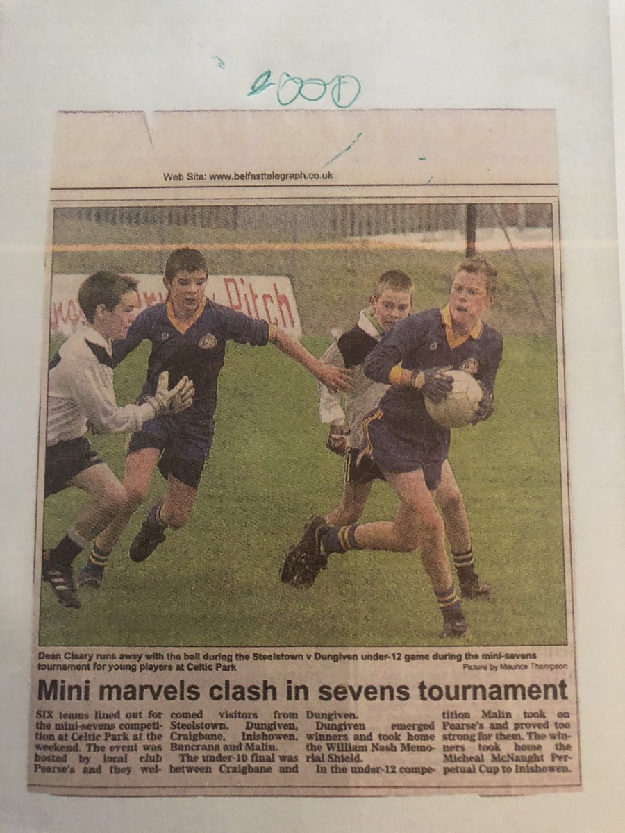 Love this photo.I’d say 2000-two of Steelstown’s best ever players  together at u-12;Stephen Cleary and Emmett Greene.They are playing in a comp in memory of the city’s finest ever gaelic footballer;Michael McNaught.Unsure if this comp continues.Cred.G.Cleary <a href="/PearsesDerry/">Doire Trasna CLG</a>