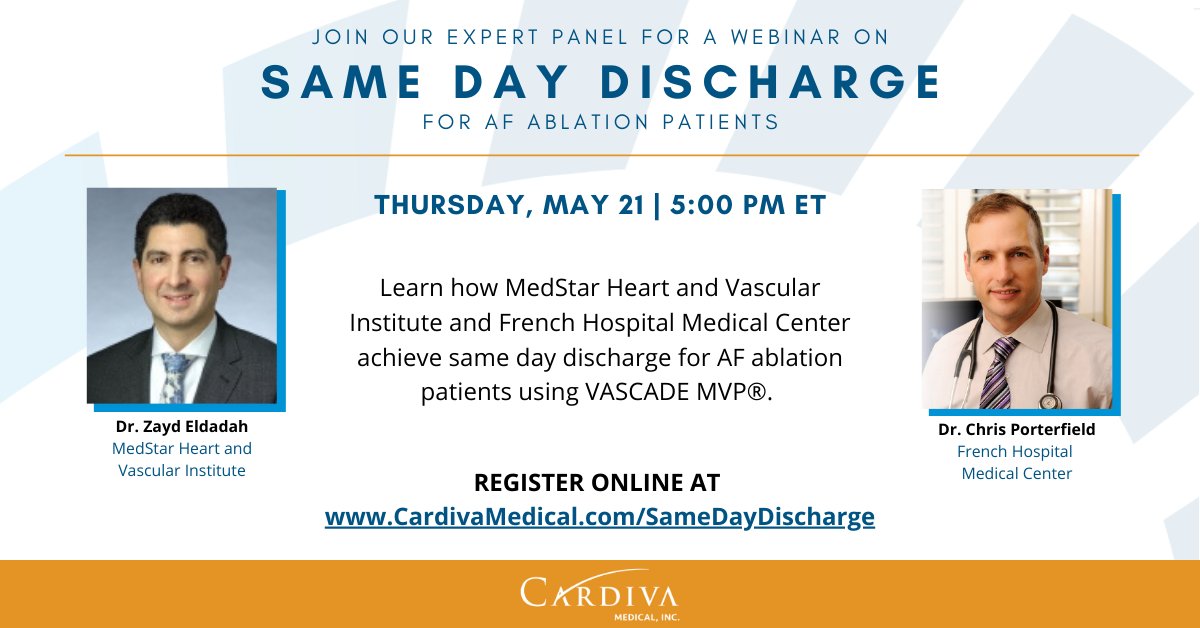 Learn how MedStar Washington Hospital Center & French Hospital MC are achieving #SameDayDischarge for #AFAblation patients W/ #VASCADEMVP. Join our webinar Thurs, May 21 with Dr. Eldadah & Dr. Porterfield. bit.ly/2KQd1Kj 

Instructions for Use: bit.ly/MVPIFU