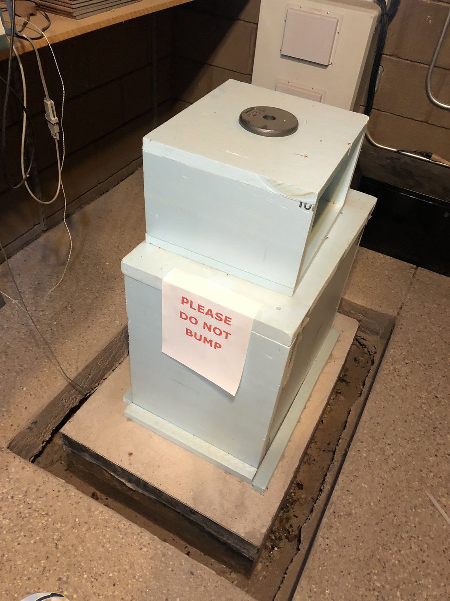 you’ll note that the equipment is wrapped in blue styrofoam with a handmade sign that says PLEASE DO NOT TOUCH with a weight on topand that is because it is a *homemade* seismograph the previous owner made himself a seismograph but didn’t spec a kitchen vent fan