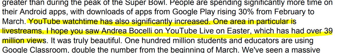 3/ In 2020 Q1 conference call,  $GOOG CEO Sundar Pichai stated that YouTube watch time had "significantly increased." Pichai specifically called out livestreams, noting that singer Andrea Bocelli scored 39M views when he sang live on Easter morning.
