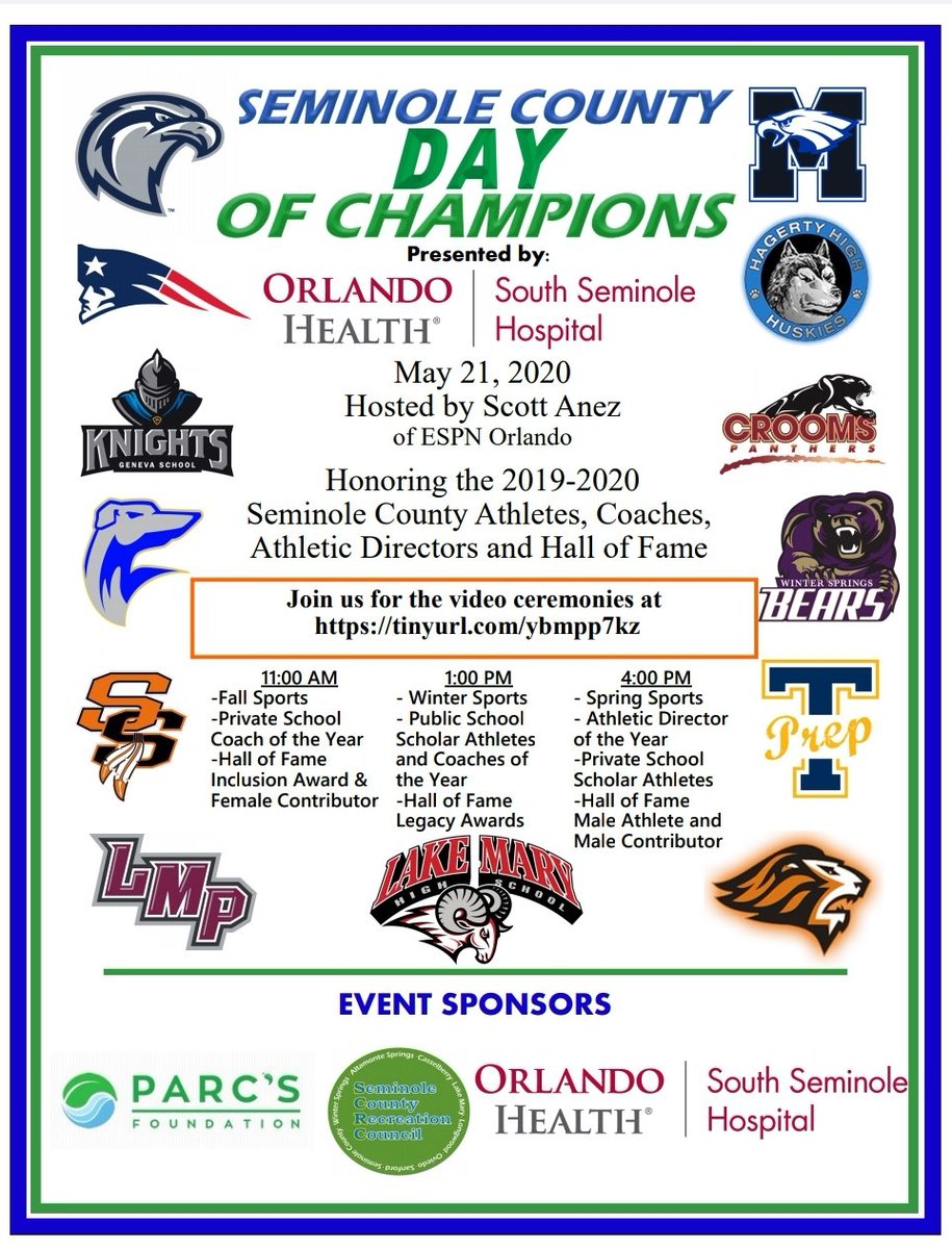 Join us this Thursday, May 21, as we honor the athletes, coaches, and athletic directors of the year for Seminole County High School sports! Videos will be shown live at 11:00AM, 1:00PM, and 4:00PM and can be viewed here: m.facebook.com/Seminole-Count…