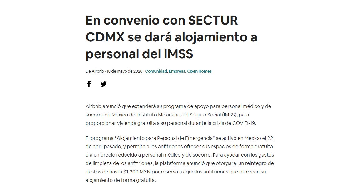 turismocdmx's tweet photo. El trabajo coordinado entre la iniciativa privada y el Gobierno, nos permitirá salir adelante en esta crisis sanitaria, 
@airbnb_mx ofrece hospedaje gratuito al personal de salud de @Tu_IMSS que trabaja contra el #COVID19.

Para más información: https://t.co/5vRqsNMnTc https://t.co/wtGfOjvLJU