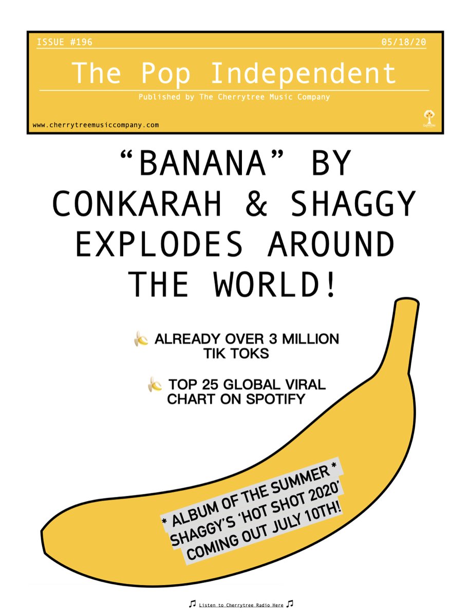 MKCherryBoom's tweet photo. The banana graphic is back on The Pop Independent and for good reason! #shaggy #bananadancechallenge #banana #conkarah #cherrytree15 #songofthesummer #danceofthesummer #cherrytree #popindependent #15yearsofcherrytree #hotshot2020 @DiRealShaggy @Conkarah https://t.co/mJqzddoUW7 https://t.co/DMEGnAxmR1