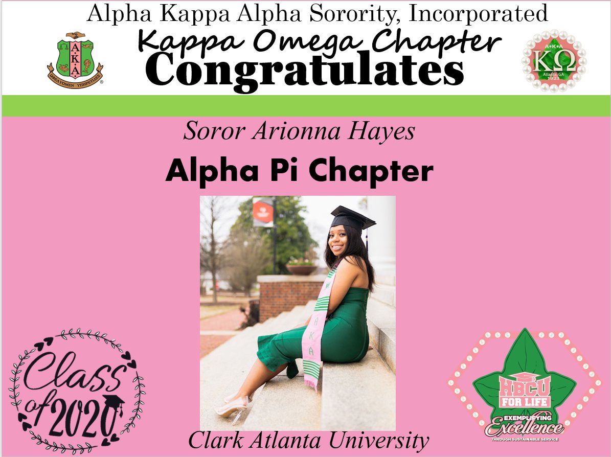 AKA_KappaOmega's tweet image. @AKA_KappaOmega would like to extend a heartfelt CONGRATULATIONS to the Class of 2020 Graduates of  @CAU #SweetAlphaPi  #AKA1908 #SAR #HBCUGrad