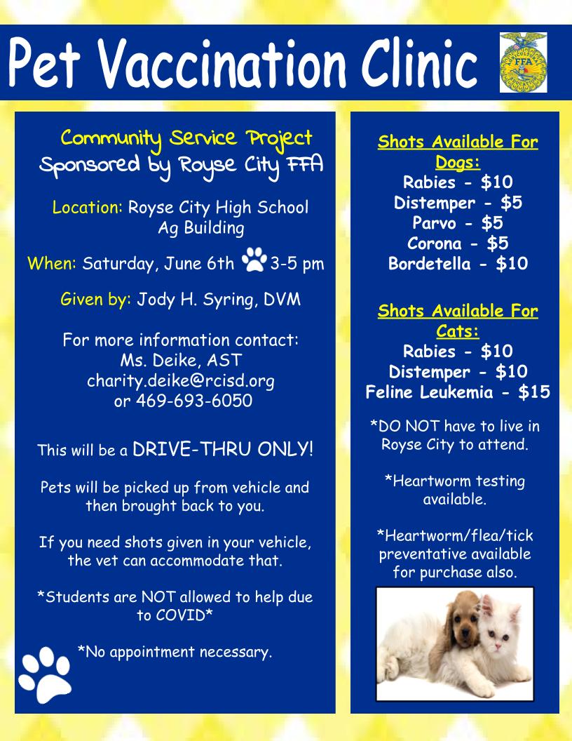 Mark your calendars for the Annual Pet Vaccination Clinic on June 6th! Hosted by RC FFA 💙💛