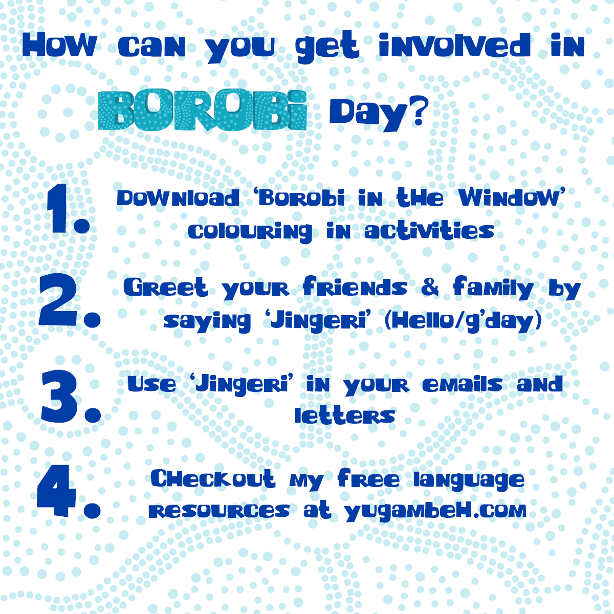 borobijingeri's tweet photo. On the 29th May, I encourage everybody to use Indigenous languages for Borobi day. In Yugambeh language it can be as easy as using 2 words ‘Jingeri Jimbelung’(hello friend/g’day mate)! 😀👏 #borobiday20 https://t.co/DYuESNadz6