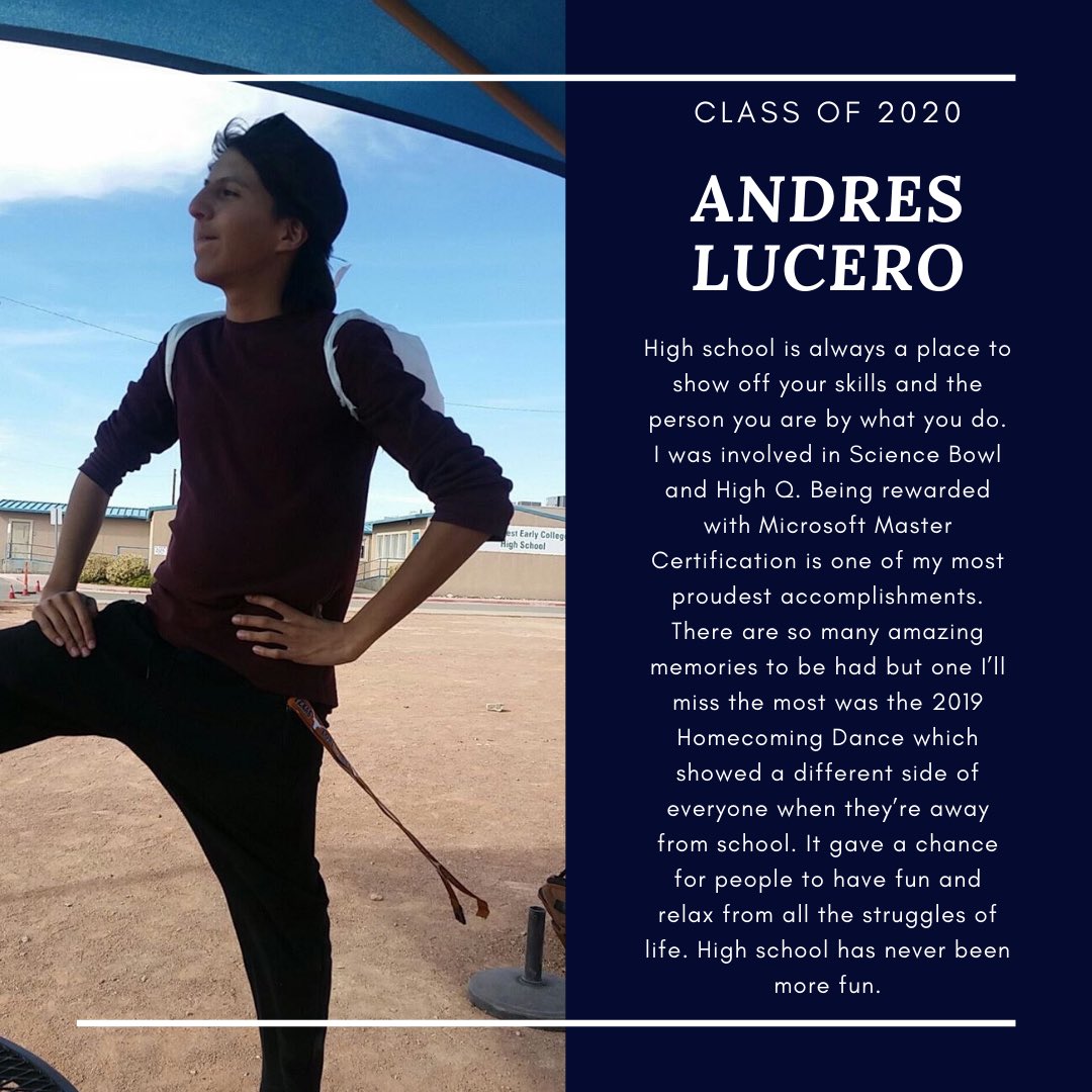 nwechs_stuco's tweet photo. Finally, we want to congratulate Andres for all of his accomplishments! He plans to attend NMSU to major in Digital Film Production. We are very proud and wish him good luck! #nwechs #seniorspotlight #classof2020 #canutilloisd https://t.co/r210AnRE6r