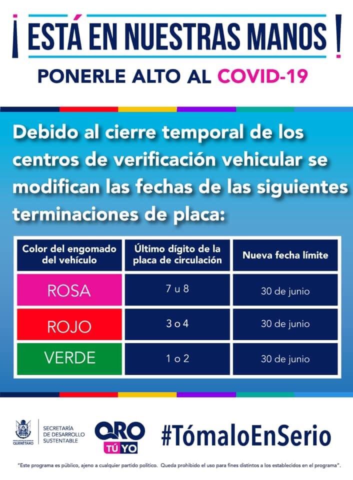 SEDESUQro's tweet photo. Te compartimos los nuevos plazos para verificación de las terminaciones 7 u 8, 3 o 4 y 1 o 2. 

Recuerda que por el momento los verificantros no están operando. #QuédateEnCasa #TómaloEnSerio https://t.co/7W6N8o4TAs
