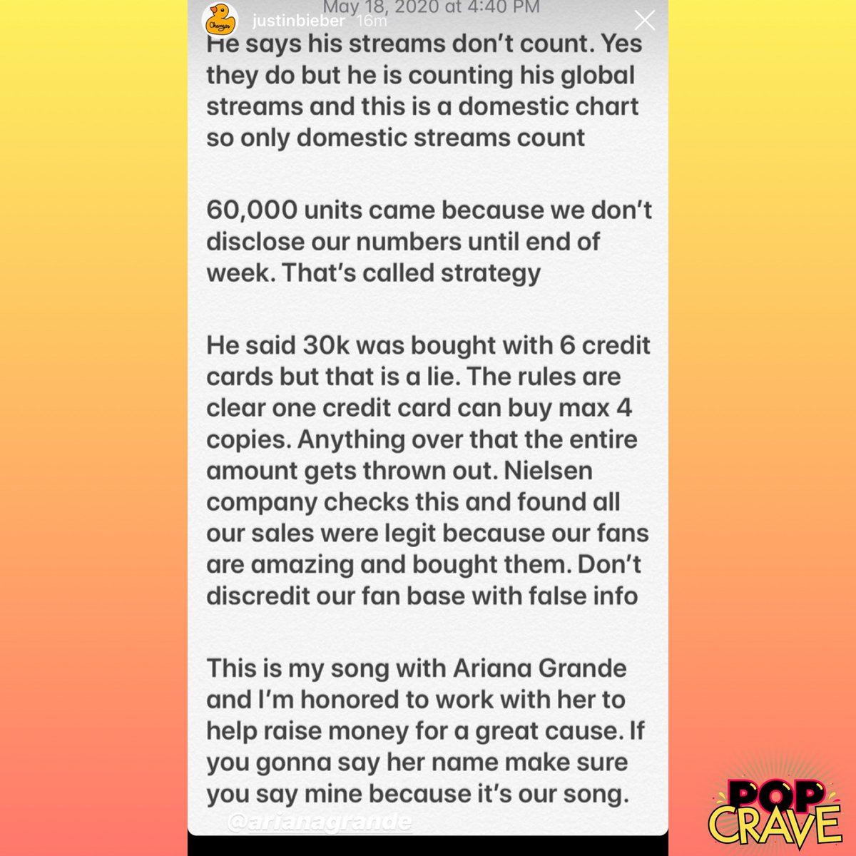 Justin Bieber addresses 6ix9ine’s "cheating" accusations and reiterates the rules for the Hot 100:

"This is my song with Ariana Grande and I’m honored to work with her to help raise money for a great cause. If you gonna say her name make sure you say mine because it’s our song."