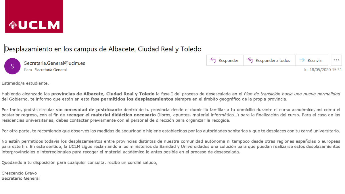🚗 En #Fase1 #Desescalada en toda #CLM, <a href="/uclm_es/">Universidad de Castilla-La Mancha</a> completa indicaciones a estudiantes #CampusAB #CampusCR #CampusTO para #RecogidaApuntes.
📚 Seguimos en contacto con @DGobiernoCLM y pendientes de una solución interprovincial de <a href="/sanidadgob/">Ministerio de Sanidad</a> y <a href="/UniversidadGob/">Ministerio de Universidades</a>.
#UCLMnoPara <a href="/EstUCLM/">Consejo de Representantes de Estudiantes UCLM</a>