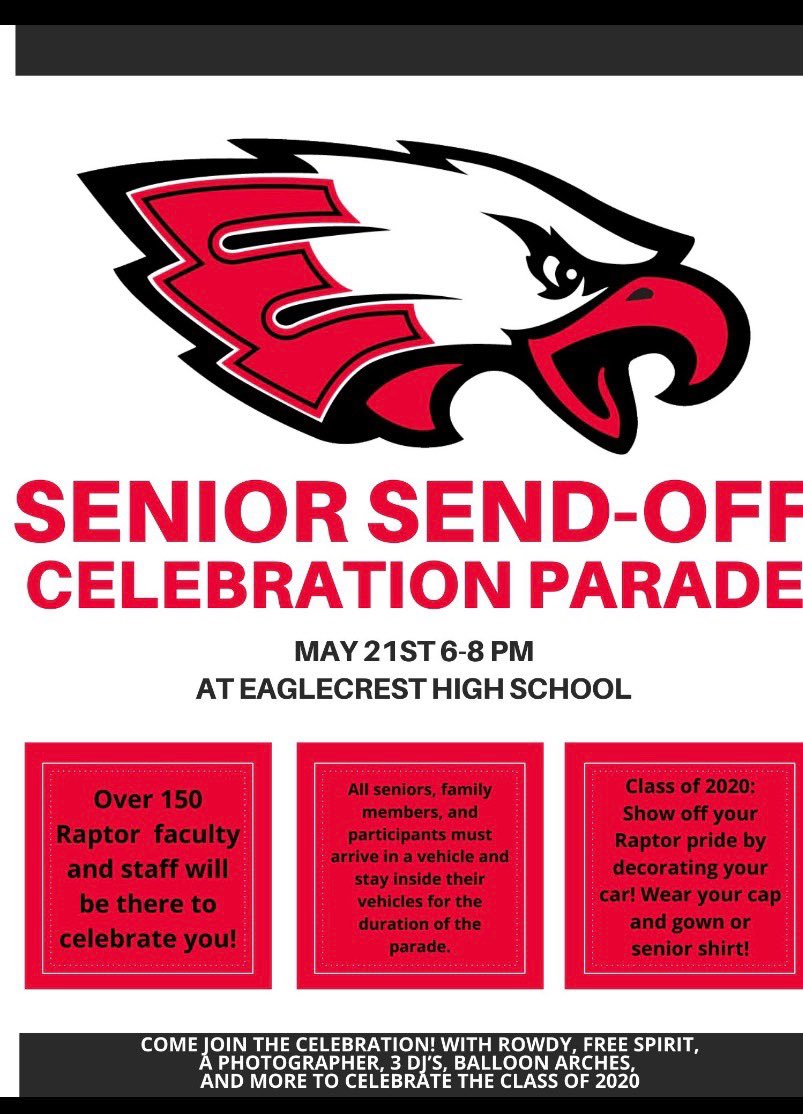 We look forward to sending our seniors off with a celebration parade they’ll remember for years to come. Free Spirit, DJ’s, Rowdy, and over 150 staff members cheering your accomplishments and your bright future. 👨‍🎓👨🏽‍🏫👨🏾‍🎓🧑🏻‍🏫🧑🏻‍🎓👩🏿‍🎓#ClassOf2020 🎉🎊🎈