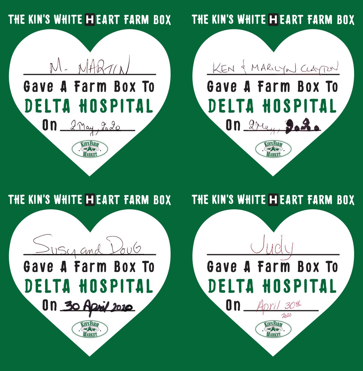 KinsFarmMarket's tweet photo. Big big THANK YOU to M. Martin, Ken & Marilyn, Susy & Doug and Judy who so generously donated a #WhiteHeartFarmBox for the #HealthCareWorkers at #DeltaHospital. Your thoughtfulness is greatly appreciated! ππΌ
#KinsFarmBox #SouthDelta #KinsFarmMarket @DHCHFoundation https://t.co/hJOhI5GIi3