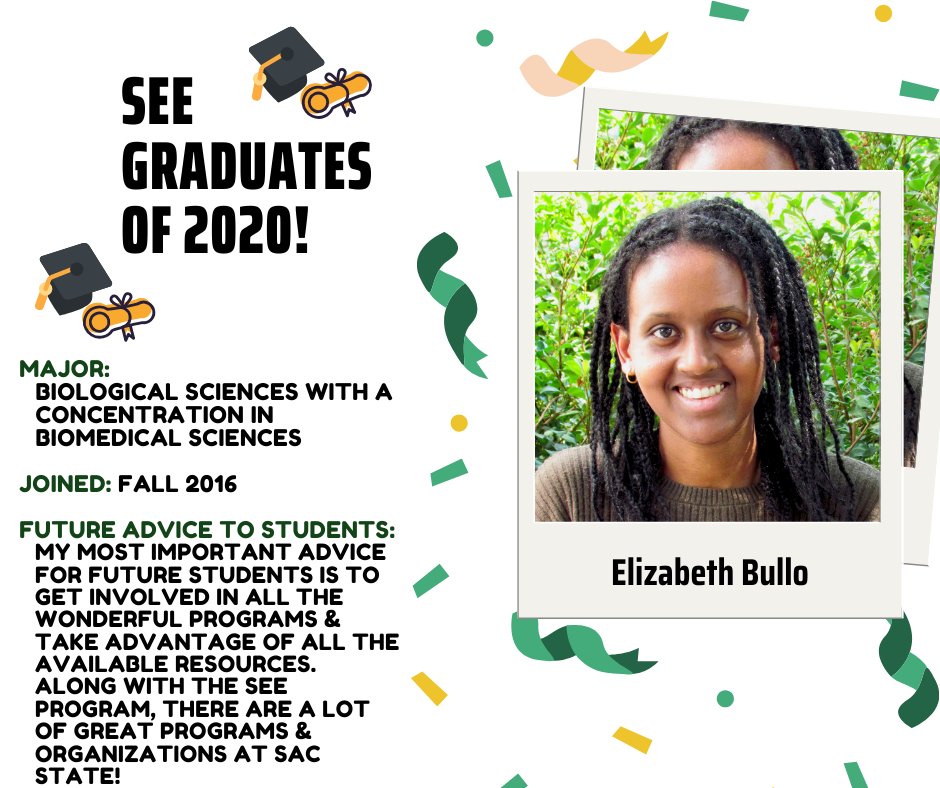 SacStateSEE's tweet photo. Let’s congratulate SEE’s 2020 Graduates and wish them the best on their new adventures!🥳🎉 #SEEStudent #SEEGraduate #SEEsuccess https://t.co/4MuFHLSl2S