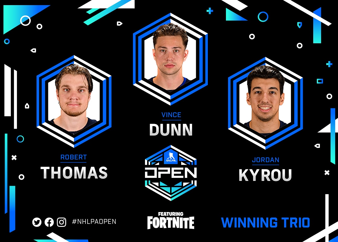 NHLPA's tweet photo. Congratulations to our top Trio, @vince_dunn, @RThomas_27 and Jordan Kyrou on Team St. Louis, for winning the #NHLPAOpen! https://t.co/XcFgoE0Dy1