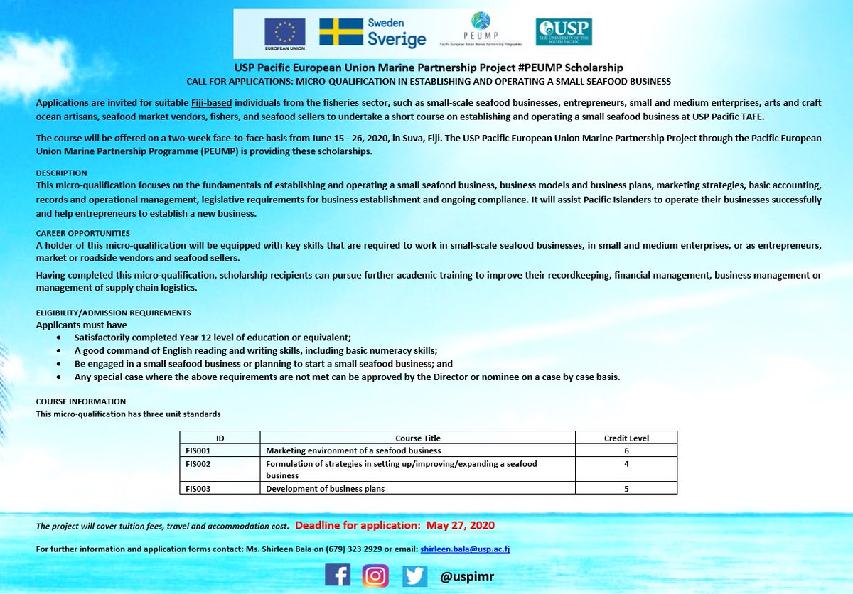 uspimr's tweet photo. And the scholarship goes to ...🎉🎈 🥁 ..Apply now to graduate with a new certification #PacificOceanCustodian  as your nationality and gender does not matter but you must be based  in #Fiji  and meet the criteria #PEUMP 👨🏽‍🎓👩🏻‍🎓 https://t.co/Y5yqvct0Zl