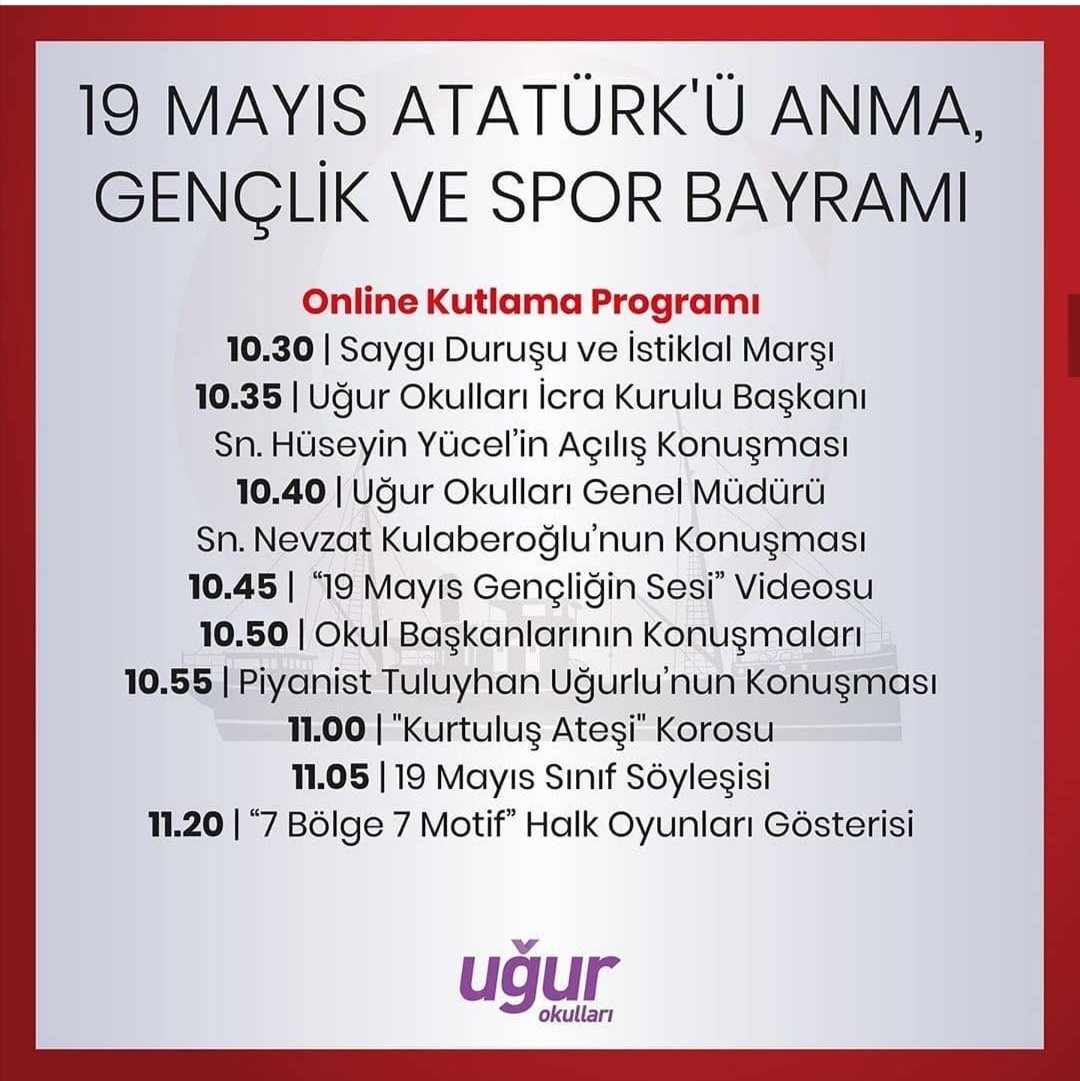 Bayram coşkumuzu sabah online yapacağımız törenlerimizin ardından 17.00 de  Tuluyhan Uğur'lu konseri ile sürdürüyoruz. Saatlerimiz 19.19 u ve 21.00 i gösterdiğinde 19 Mayıs Marşı ve İstiklal Marşımızı coşkuyla balkonlarımızdan söyleyeceğiz. <a href="/EnverYucel/">EnverYucel</a> <a href="/nevzatkulaber/">Nevzat Kulaberoğlu</a> <a href="/nilcicek/">Nil Çiçek</a>