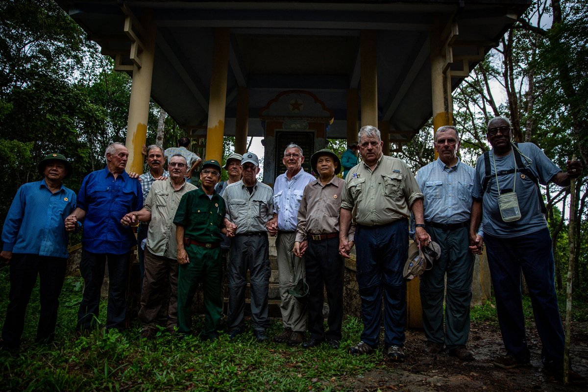 18airbornecorps's tweet photo. Last year, some HH survivors climbed Hill 937 50 years later. In an act of peace &amp; reconciliation, they held hands atop the hill w/ local Vietnamese delegates. The healing journey was made possible by @MJB57, CDR of 3-187 at the time &amp; w/ the support of @jtwarmy &amp; @Erikhistorian. https://t.co/PT5KrgsHZ7