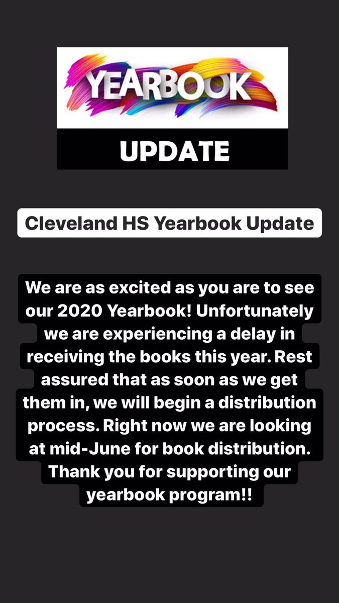 🗣 Hi <a href="/TheOfficialCvHS/">Cleveland High NC</a>! See image for CVHS Yearbook Update! We’ll release a distribution plan once the books are shipped to the school. Thank you to our Yearbook Staff for their hard work on this year’s yearbook. We can’t wait to see it! 📖 📸<a href="/CvHSYearbook3/">CvHS Yearbook</a> <a href="/cristijohnson14/">Cristi</a>