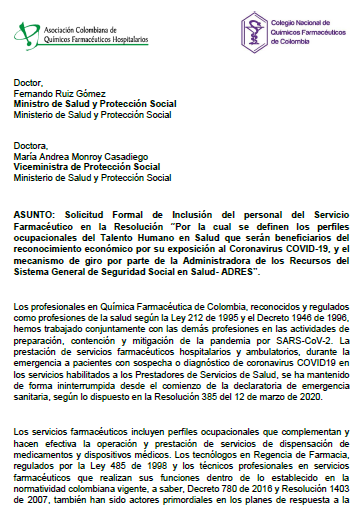 ACQFH's tweet photo. @ACQFH @CNQFcolombia reconocen al talento humano farmacéutico como indispensable en la pandemia por SARS-CoV2. Comunicado conjunto para @MinSaludCol https://t.co/3DDhC2O6HE