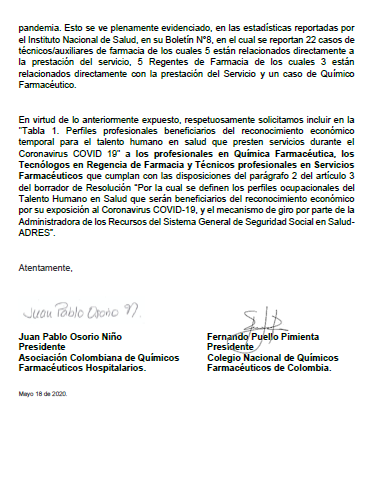 ACQFH's tweet photo. @ACQFH @CNQFcolombia reconocen al talento humano farmacéutico como indispensable en la pandemia por SARS-CoV2. Comunicado conjunto para @MinSaludCol https://t.co/3DDhC2O6HE