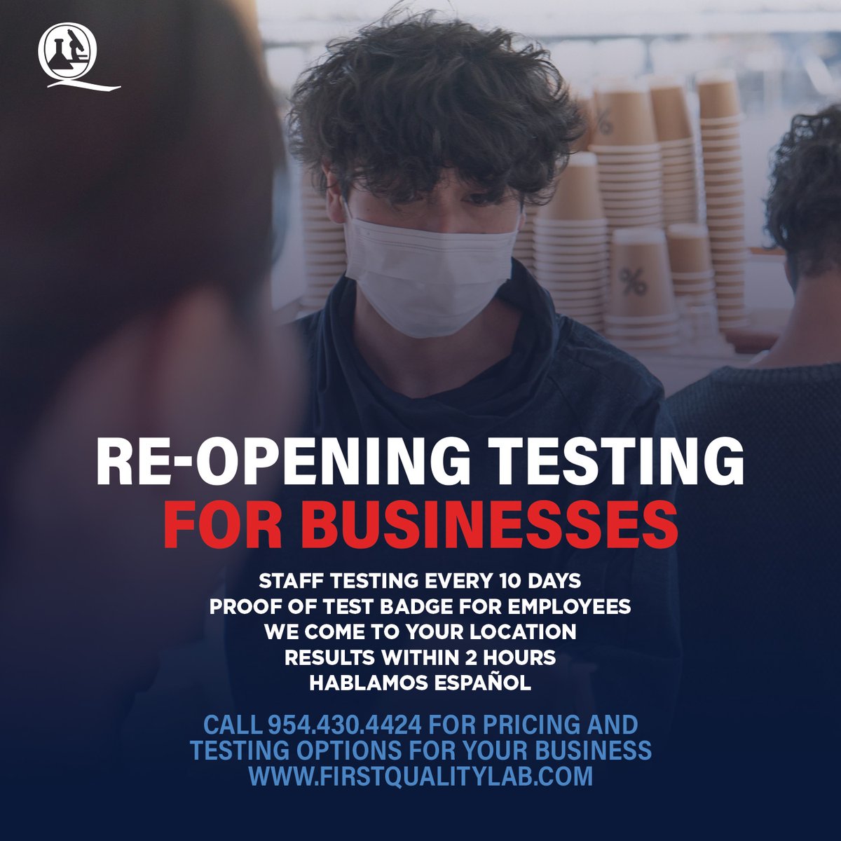 firstqualitylab's tweet photo. We are offering a program for local businesses to test their staff every 10 days with same-day results, at their location. Call (954) 430-4424 for information.
.
.
.
#covid19test #covidtesting #covidtest #firstqualitylab #antibodytesting #antibody #coronavirus #reopening #covid https://t.co/LusYVT0WpK