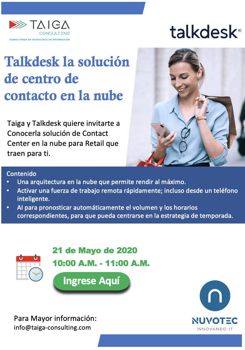 ConsultingTaiga's tweet photo. Conozca más sobre Contact Center en la nube de talkdesk la solución brinda a los minoristas los canales que desean y los datos que necesitan para convertir el servicio al cliente en satisfacción del cliente en nuestro seminario web. https://t.co/tzl6dRbbHM https://t.co/FS4wdAO5wx