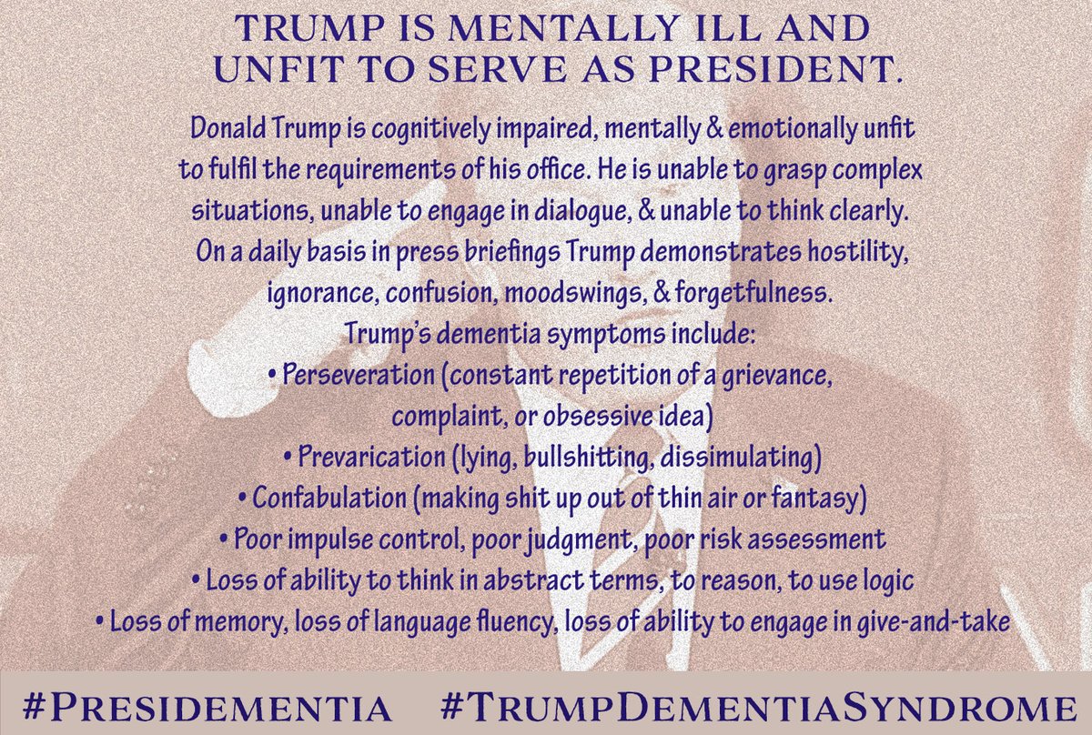 4/4  #Presidementia  #TrumpDementiaSyndrome  #TDS Monday WH Q&A: Today's event was one of Trump's worst for cognitive impairment. His reactions to questions reflected mental dullness, paranoid ideation, bizarre confabulation, & dangerous comments about medications.  #TrumpWontDebate
