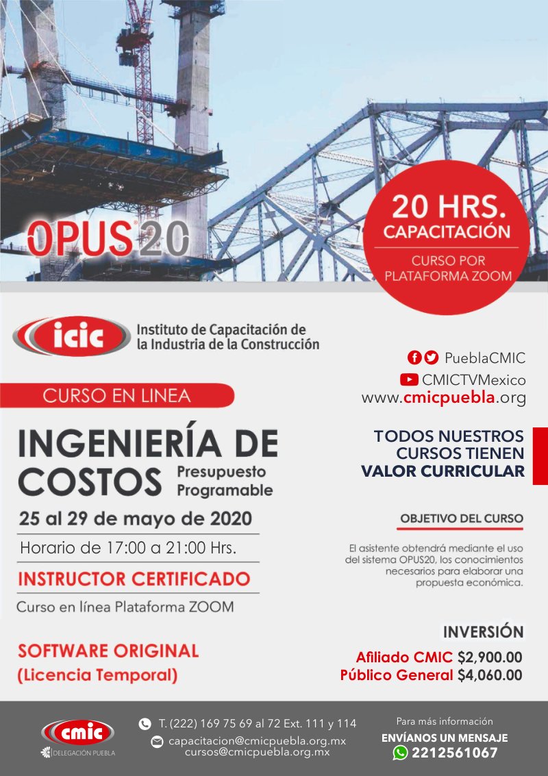 PueblaCMIC's tweet photo. INGENIERÍA DE COSTOS
Con este curso obtendrás a través del Sistema #OPUS20, los conocimientos necesarios para elaborar una propuesta económica.
Iniciamos lunes 25 de mayo 17:00 a 21:00 Hrs.
Envíanos un whatsapp al 2212561067 https://t.co/orSbj3m9pk