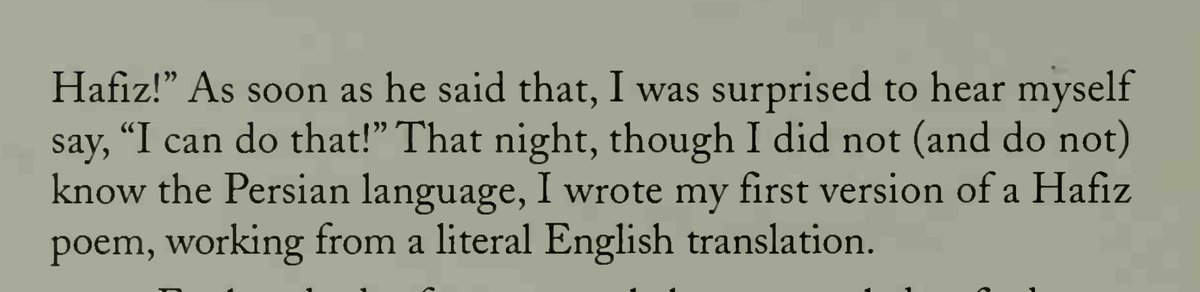 Daniel Ladinsky's translations have no. earthly. connection. to what the historical Hafiz of Shiraz, the Persian sage, ever said. He is making it up. He admitted that they are not "translations", or "accurate", or any knowledge of Persian in his 1996 book "I heard God laughing."