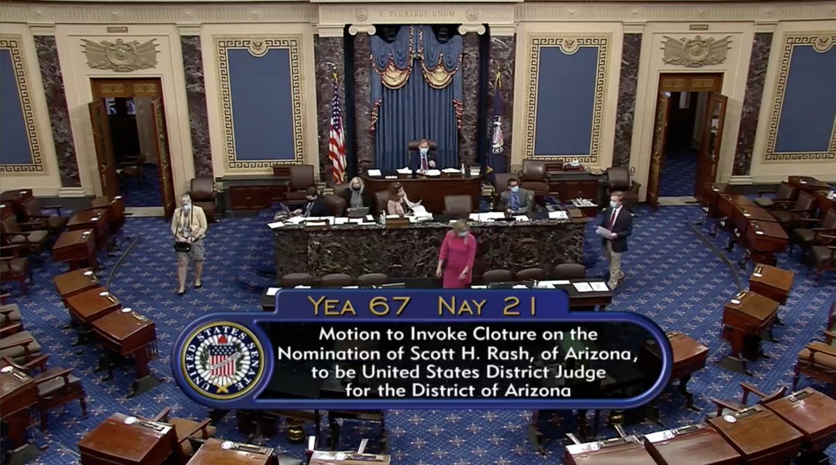 Screenshot of C-SPAN screen showing the vote total for this procedural vote on an Arizona judicial nominee. The vote was 67-21.