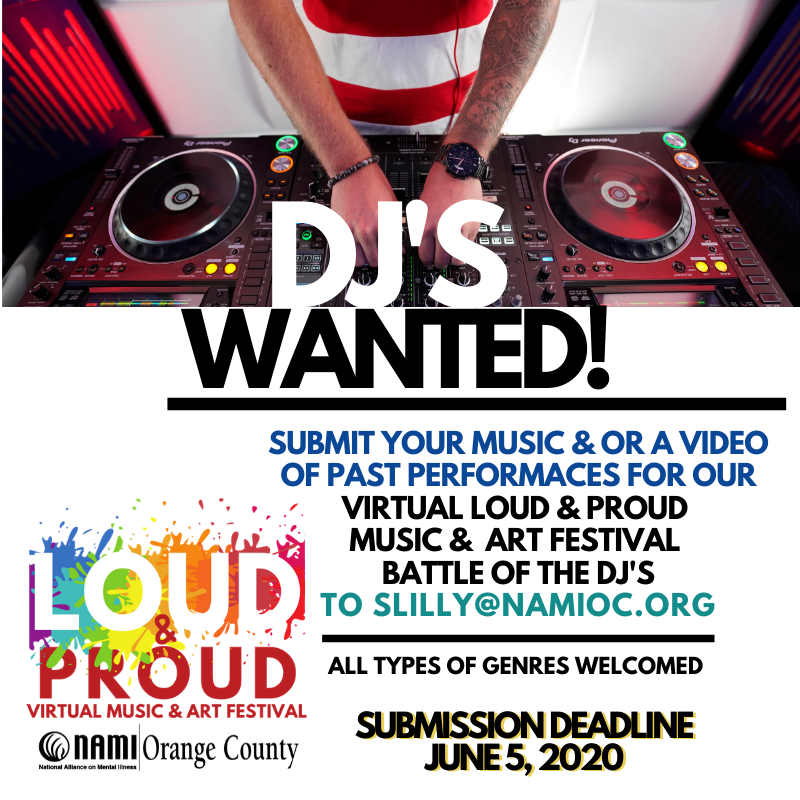 NAMIOC's tweet photo. LOUD & PROUD, a virtual music & art festival is around the corner! We're seeking DJ's - any music genre welcomed! Submit your music sample by June 5 to slilly@namioc.org.
#namioc #mentalhealth #mentalhealthawarenessmonth #loud&proud #djs #musicfestival #artsfestival #proud2bme https://t.co/goPIq8wcN2