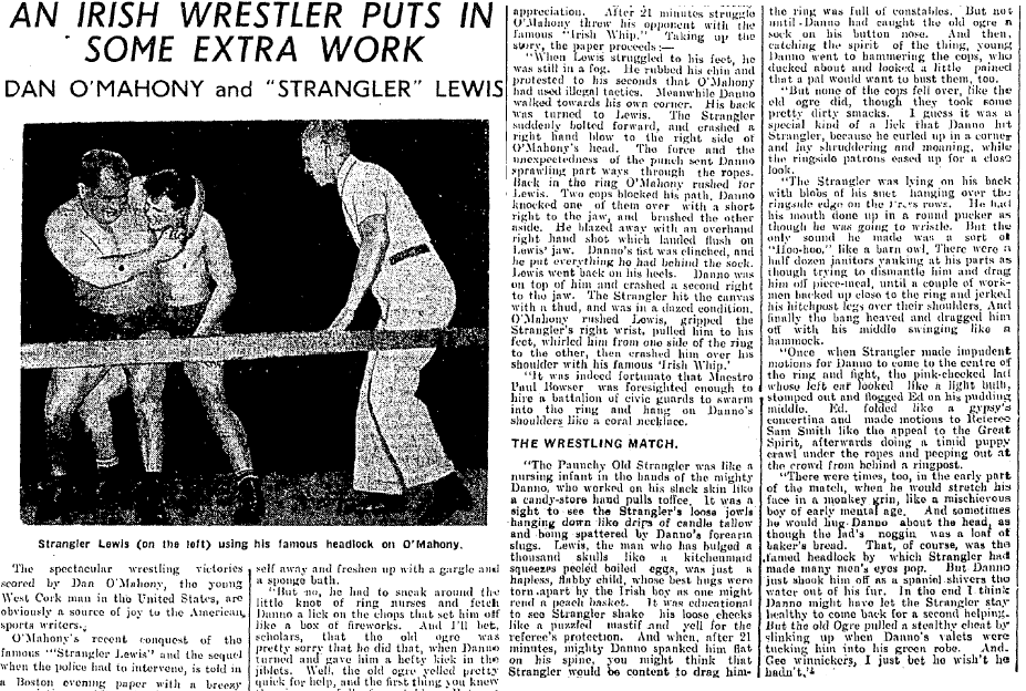 HistoryIrish's tweet photo. Article in the @echolivecork newspaper on this day (May 18th) in 1935. 

#wwe #aew #wrestling  #wrestlinghistory #irishwrestling #irishhistory #ireland #cork #danomahony #edstranglerlewis #irishwhip https://t.co/FAVRvma3TN