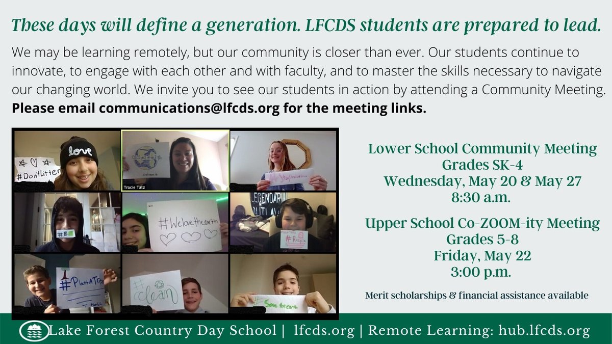 lfcds1888's tweet photo. Please join us for a Community Meeting. See our students-&amp; our remote-learning-in action! Contact communications@lfcds.org for the event link. Learn more at https://t.co/t8DC3giO5M. #lfcds_experience #lfcds_inspiredteaching #lfcds #passionforlearning #PanthersAtHome #together https://t.co/5k9zumPFKP